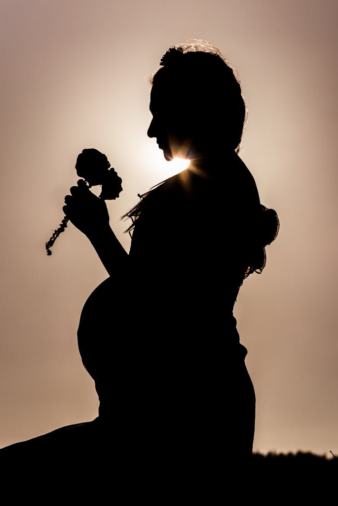 Pregnant woman holding a flower in silhouette against the sunset.